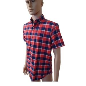Gap Plaid Short Sleeve‎ Men's Button Down Poplin Cotton Shirt Red Size S